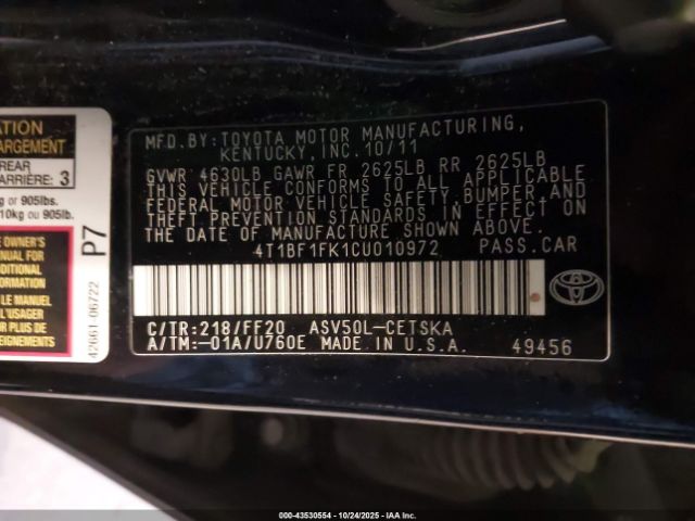 2012 TOYOTA CAMRY 4T1BF1FK1CU010972 Photo 8