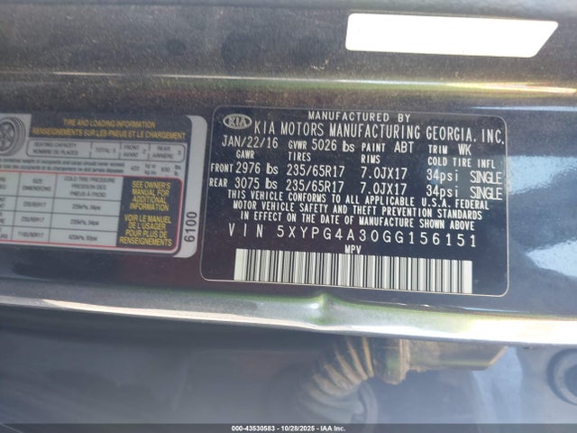 43530583 :رقم المزاد ، 5XYPG4A30GG156151 vin ، 2016 Kia Sorento 2.4l Lx مزاد بيع