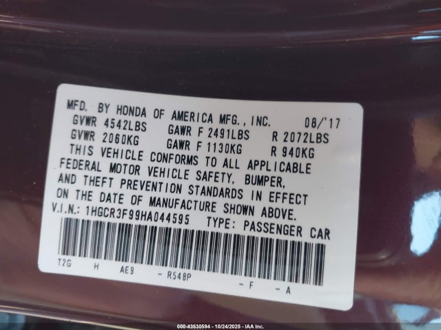 Honda Accord Touring V6 2017 1HGCR3F99HA044595 Image 9