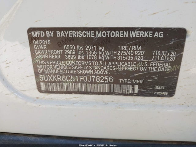 Продаж на аукціоні авто 2015 Bmw X5 Xdrive50i, vin: 5UXKR6C51F0J78256, номер лоту: 43530643