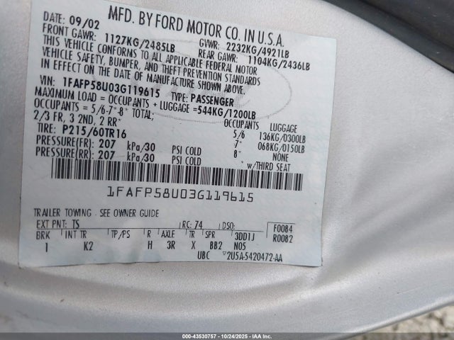 2003 FORD TAURUS 1FAFP58U03G119615 Photo 8