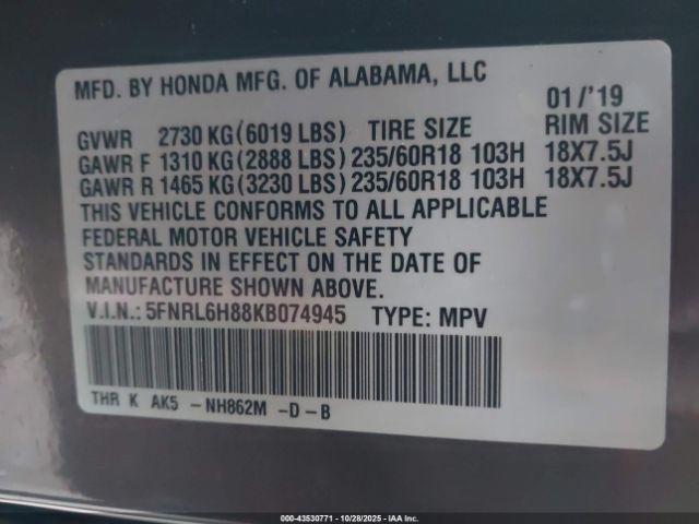 2019 HONDA ODYSSEY 5FNRL6H88KB074945 Photo 8