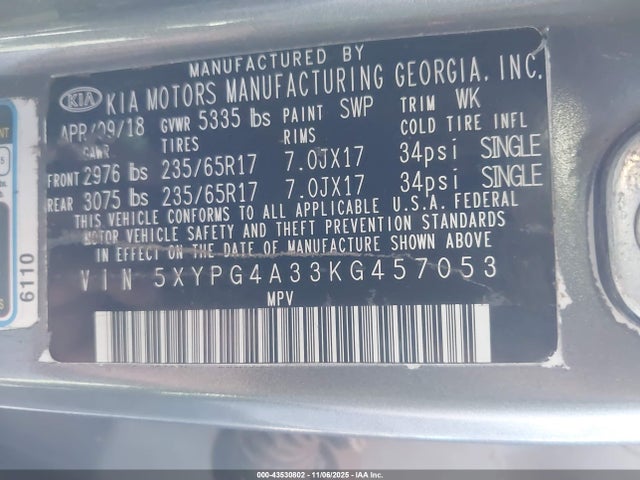 5XYPG4A33KG457053 KIA Sorento 2.4l Lx