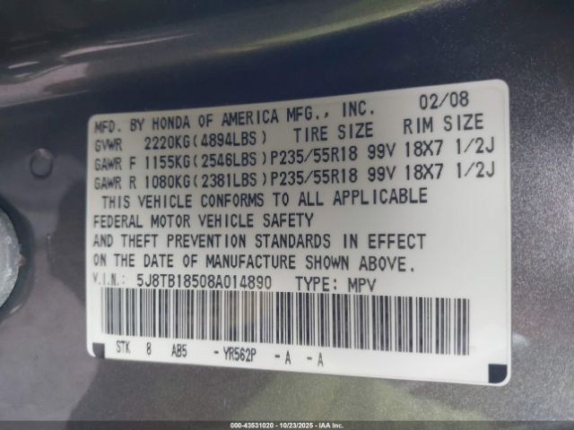 2008 ACURA RDX 5J8TB18508A014890 Photo 8