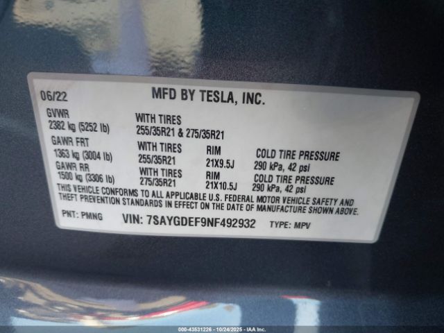 2022 TESLA MODEL Y 7SAYGDEF9NF492932 Photo 8