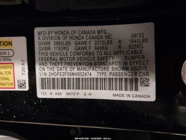 2022 HONDA CIVIC 2HGFE2F59NH602474 Photo 8