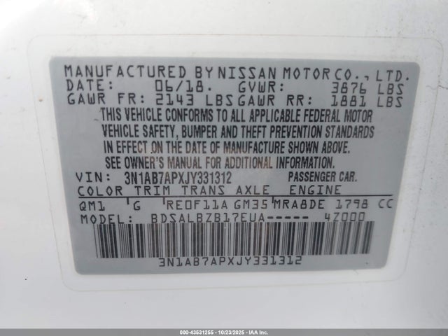 3N1AB7APXJY331312 Nissan SENTRA S