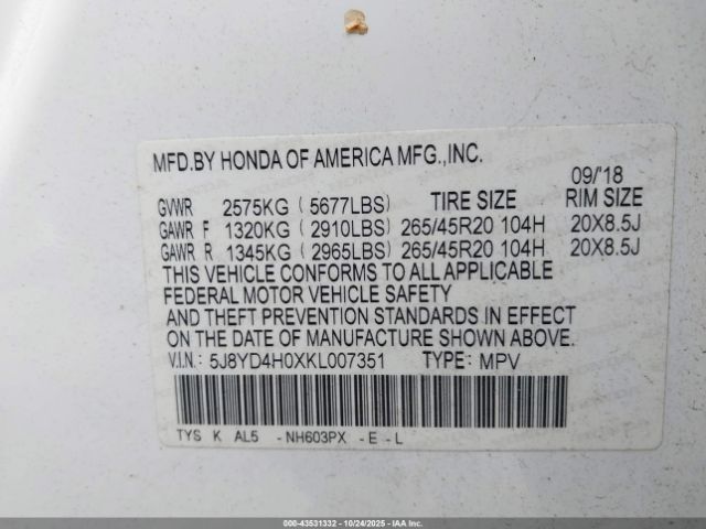 2019 ACURA MDX 5J8YD4H0XKL007351 Photo 8