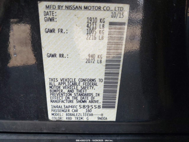 Nissan Altima 2.5 S 2015 1N4AL3AP4FC589558 Image 9