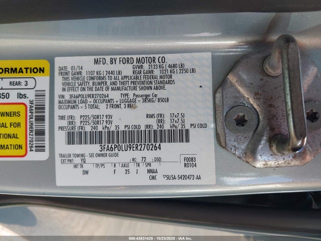 43531428 :رقم المزاد ، 3FA6P0LU9ER270264 vin ، 2014 Ford Fusion Hybrid Se مزاد بيع