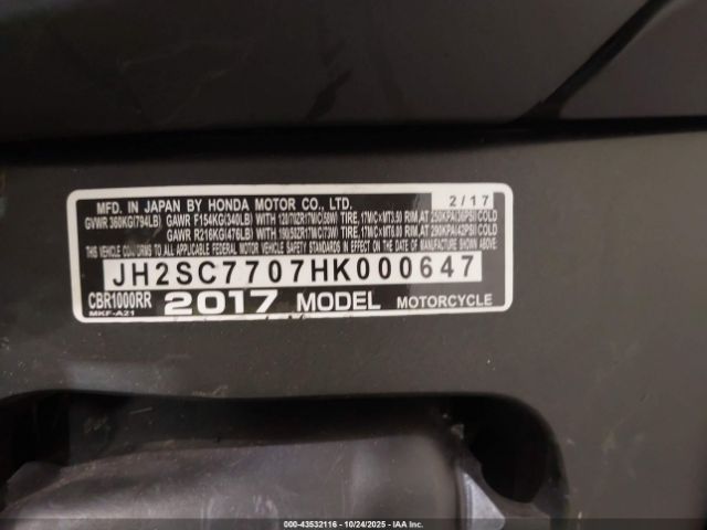 2017 HONDA CBR1000 JH2SC7707HK000647 Photo 9