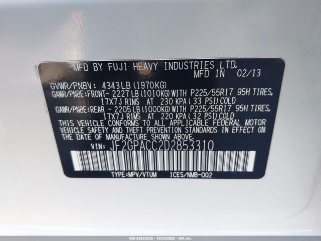 43532425 :رقم المزاد ، JF2GPACC2D2853310 vin ، 2013 Subaru Xv Crosstrek 2.0i Premium مزاد بيع