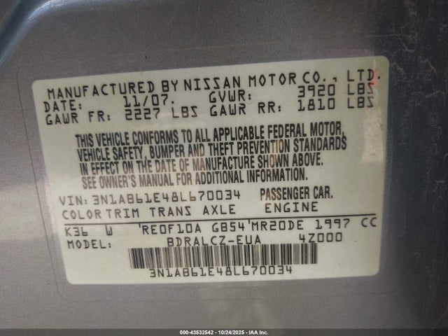 Продаж на аукціоні авто 2008 Nissan Sentra 2.0, vin: 3N1AB61E48L670034, номер лоту: 43532542