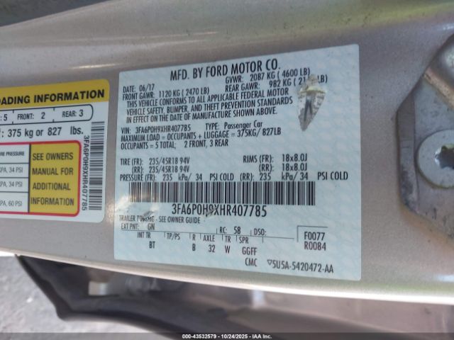 2017 FORD FUSION 3FA6P0H9XHR407785 Photo 8