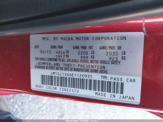2014 Mazda Mazda6 I Touring მანქანა იყიდება აუქციონზე, vin: JM1GJ1V66E1120935, აუქციონის ნომერი: 43532646