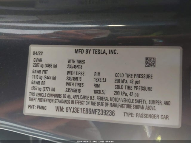 2022 TESLA MODEL 3 5YJ3E1EB6NF239236 Photo 8