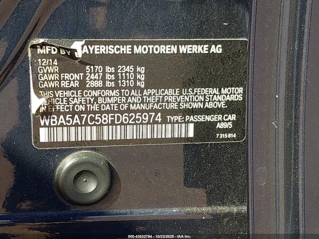 2015 Bmw 528i Xdrive მანქანა იყიდება აუქციონზე, vin: WBA5A7C58FD625974, აუქციონის ნომერი: 43532794