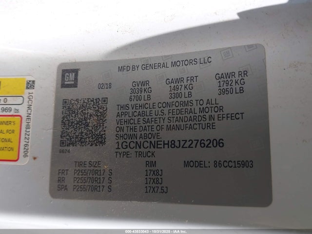Aukcja sprzedaży 2018 Chevrolet Silverado 1500 Wt, vin: 1GCNCNEH8JZ276206, numer aukcji: 43533043
