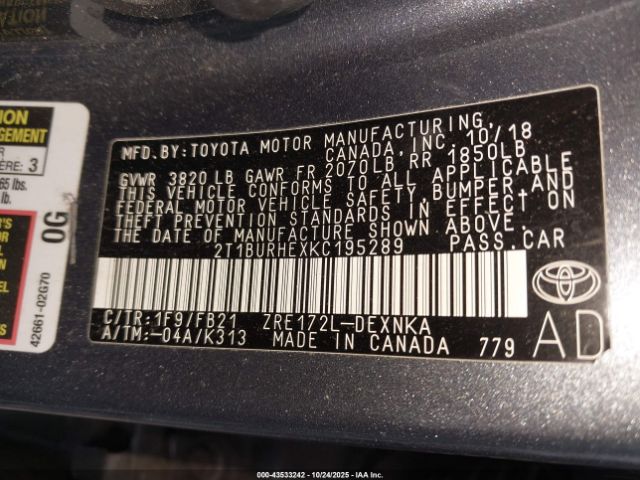 2019 TOYOTA COROLLA 2T1BURHEXKC195289 Photo 8