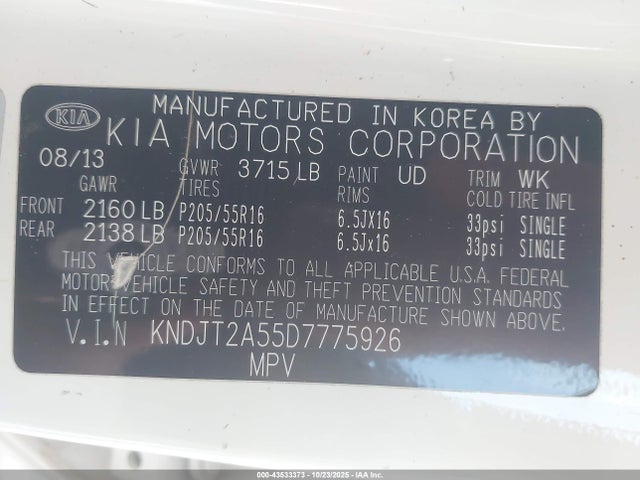 2013 Kia Soul მანქანა იყიდება აუქციონზე, vin: KNDJT2A55D7775926, აუქციონის ნომერი: 43533373