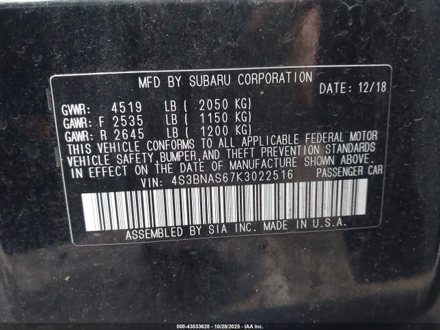 Продажа на аукционе авто 2019 Subaru Legacy 2.5i Sport, vin: 4S3BNAS67K3022516, номер лота: 43533628