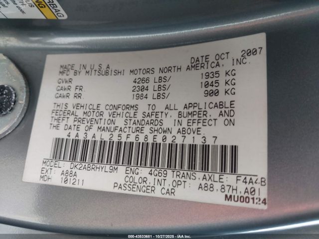 2008 MITSUBISHI ECLIPSE SPYDER 4A3AL25F68E027137 Photo 8