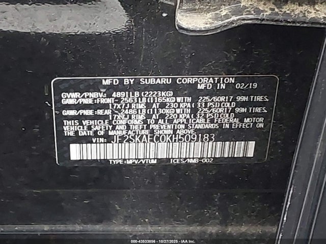 Aukcja sprzedaży 2019 Subaru Forester Premium, vin: JF2SKAEC0KH509183, numer aukcji: 43533856