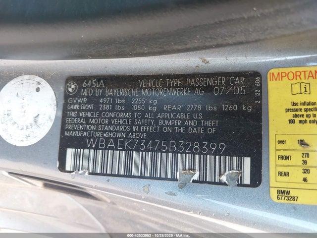 43533952 :رقم المزاد ، WBAEK73475B328399 vin ، 2005 Bmw 645ci مزاد بيع