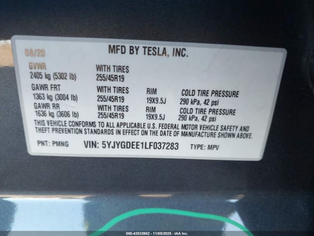 2020 TESLA MODEL Y 5YJYGDEE1LF037283 Photo 8