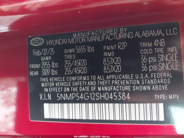 Продажа на аукционе авто 2025 Hyundai Santa Fe Hybrid Calligraphy, vin: 5NMP54G12SH045384, номер лота: 43534023