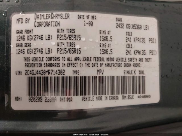 2000 CHRYSLER GRAND VOYAGER 2C4GJ4430YR714302 Photo 8