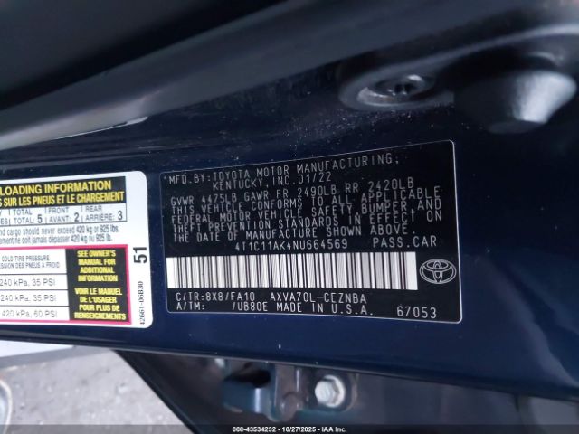 2022 TOYOTA CAMRY 4T1C11AK4NU664569 Photo 8
