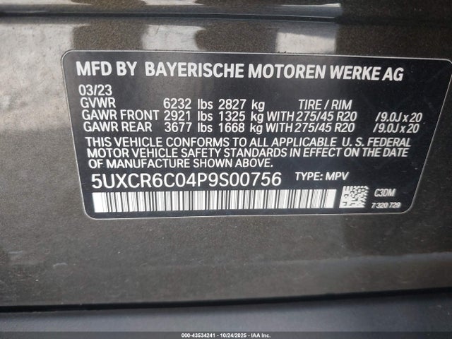 2023 Bmw X5 Xdrive40i მანქანა იყიდება აუქციონზე, vin: 5UXCR6C04P9S00756, აუქციონის ნომერი: 43534241