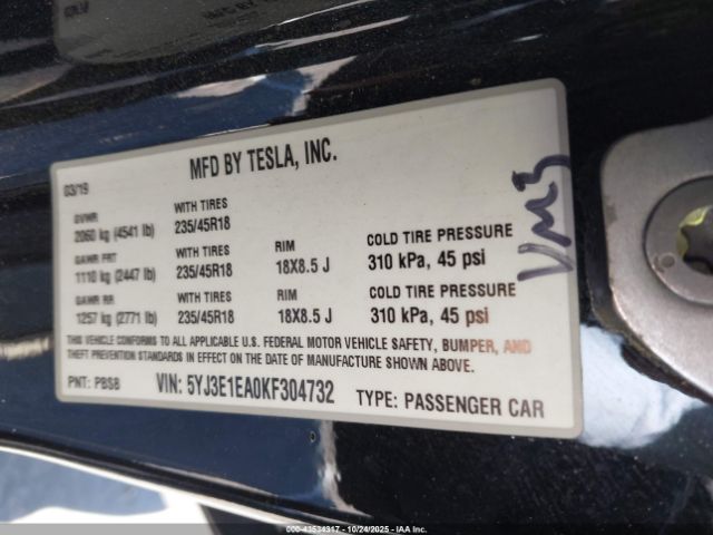 2019 TESLA MODEL 3 5YJ3E1EA0KF304732 Photo 8