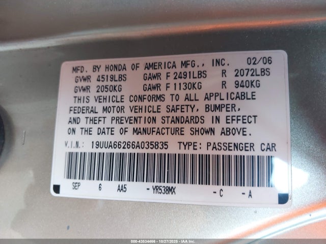 Aukcja sprzedaży 2006 Acura Tl, vin: 19UUA66266A035835, numer aukcji: 43534466