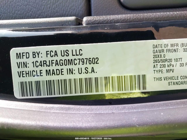 1C4RJFAG0MC797602 Jeep Grand Cherokee Laredo X 4x4