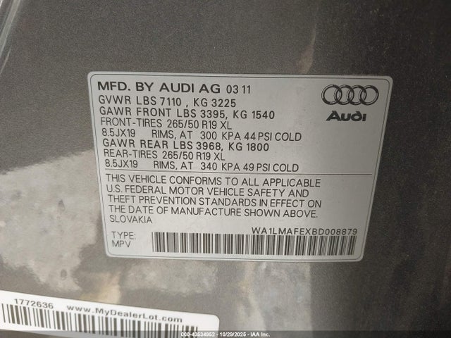 Aukcja sprzedaży 2011 Audi Q7 3.0 Tdi Premium, vin: WA1LMAFEXBD008879, numer aukcji: 43534952