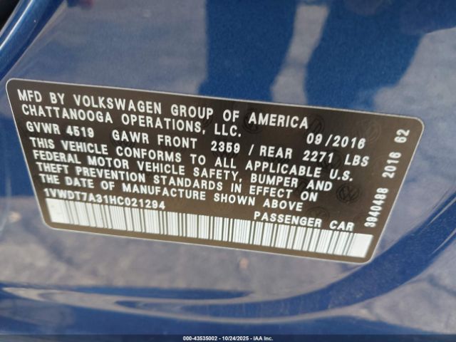 2017 VOLKSWAGEN PASSAT 1VWDT7A31HC021294 Photo 8