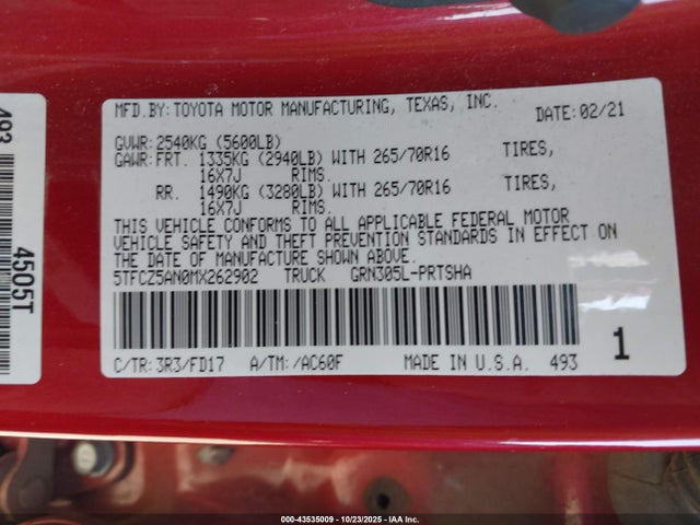 Toyota 2gr-fks 2021 5TFCZ5AN0MX262902 Image 9