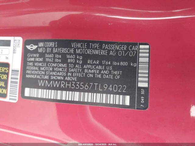 2007 MINI COOPER S WMWRH33567TL94022 Photo 8