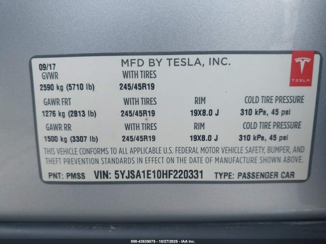 Продаж на аукціоні авто 2017 Tesla Model S 60/75, vin: 5YJSA1E10HF220331, номер лоту: 43535075
