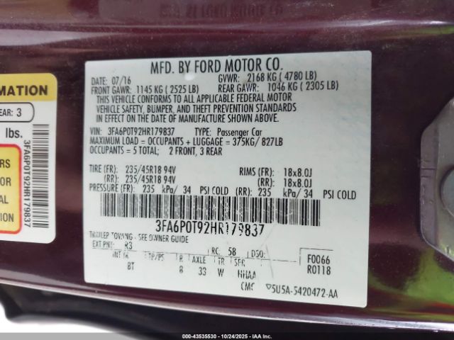 2017 FORD FUSION 3FA6P0T92HR179837 Photo 8