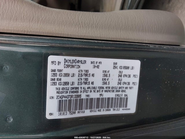 43535712 :رقم المزاد ، 2C4GP44373R133905 vin ، 2003 Chrysler Town & Country Lx مزاد بيع