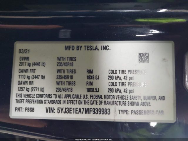 2021 TESLA MODEL 3 5YJ3E1EA7MF939983 Photo 8