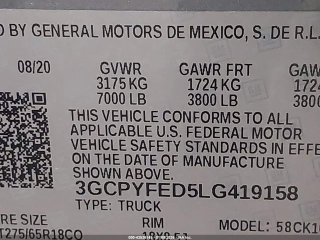 43536148 :رقم المزاد ، 3GCPYFED5LG419158 vin ، 2020 Chevrolet Silverado 1500 4wd  Short Bed Lt Trail Boss مزاد بيع
