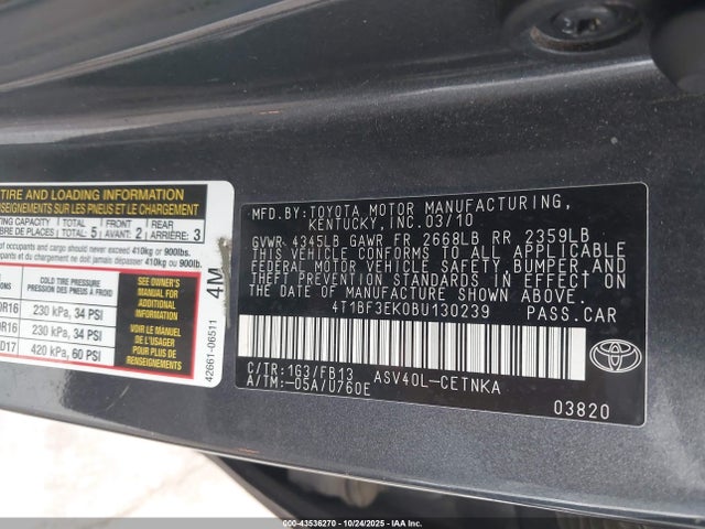 Aukcja sprzedaży 2011 Toyota Camry Le, vin: 4T1BF3EK0BU130239, numer aukcji: 43536270