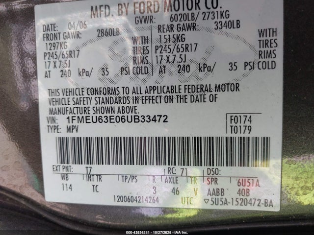 Продаж на аукціоні авто 2006 Ford Explorer Xlt, vin: 1FMEU63E06UB33472, номер лоту: 43536281