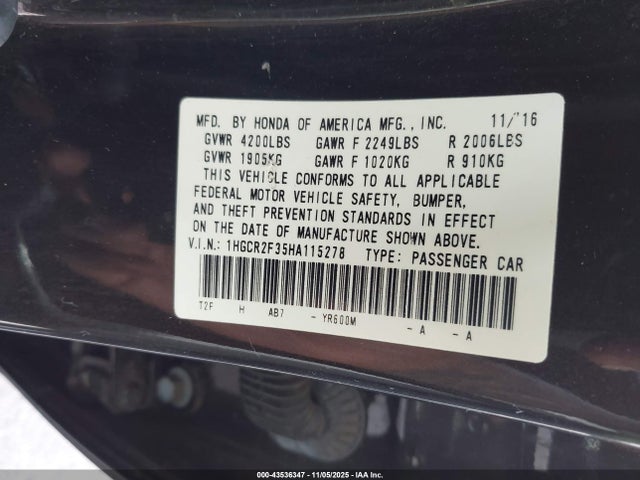Honda ACCORD LX 2017 1HGCR2F35HA115278 Image 9