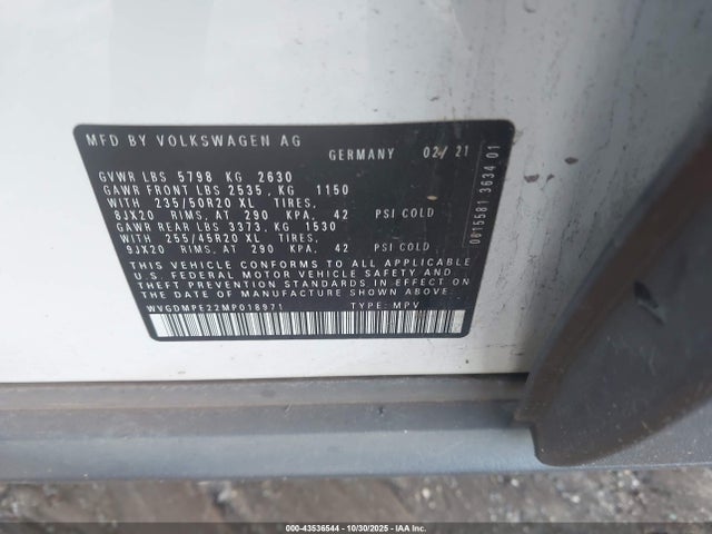 Aukcja sprzedaży 2021 Volkswagen Id.4 1st Edition, vin: WVGDMPE22MP018971, numer aukcji: 43536544