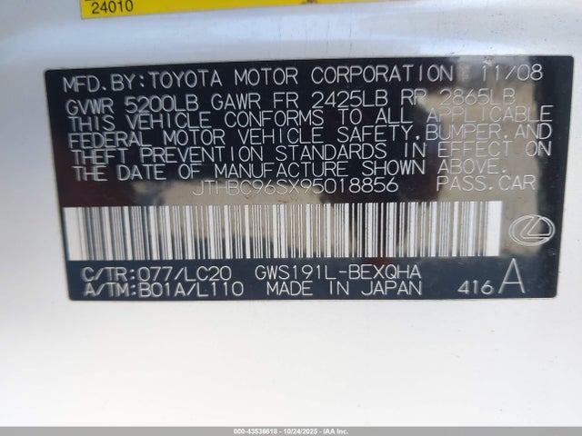 Aukcja sprzedaży 2009 Lexus Gs 450h, vin: JTHBC96SX95018856, numer aukcji: 43536618